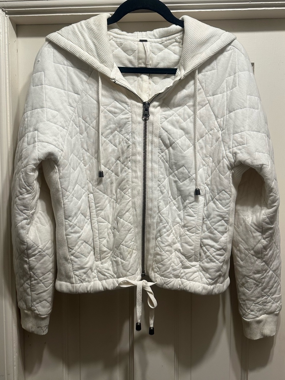 Free People Quilted Zip-Front Cream Hoodie